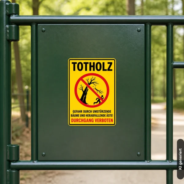 KI-generiertes Anwendungsbeispiel: Durchgang verboten Aufkleber mit Totholz-Warnmotiv an einem Waldweg zur klaren Zugangssperre.