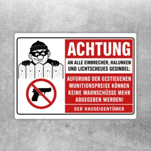 Achtung Einbrecher Humor Aufkleber mit roter Warnfläche, schwarzer Figur und klarer, witziger Botschaft.