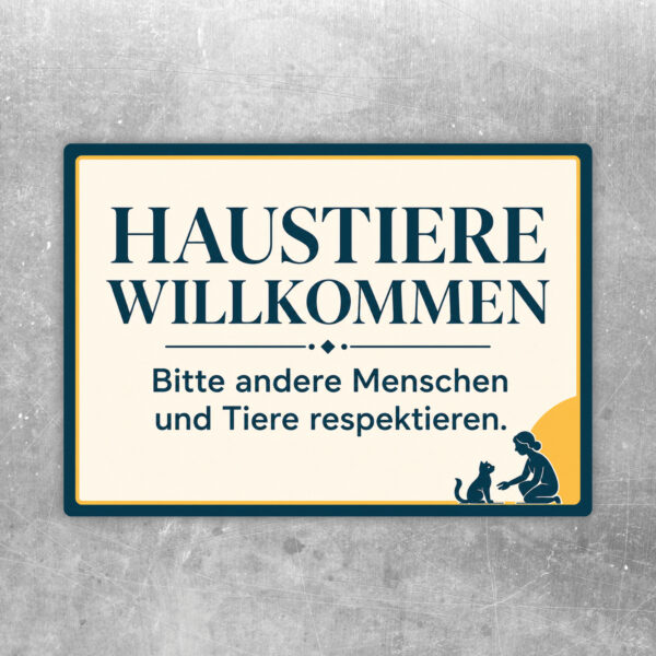 Haustiere willkommen Aufkleber im Querformat mit Hund, Katze und Hinweis auf Respekt für Menschen und Tiere.
