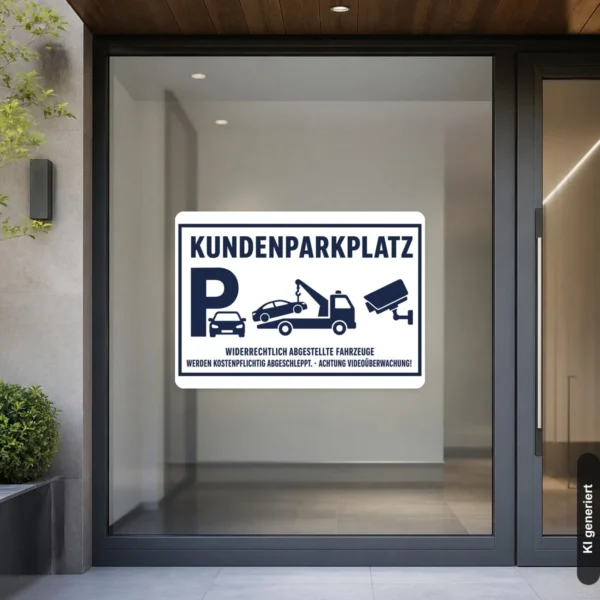 KI-generiertes Anwendungsbeispiel: Kundenparkplatz mit Videoüberwachung Aufkleber in Weiß und Dunkelblau auf glatter Parkflächen-Markierung.