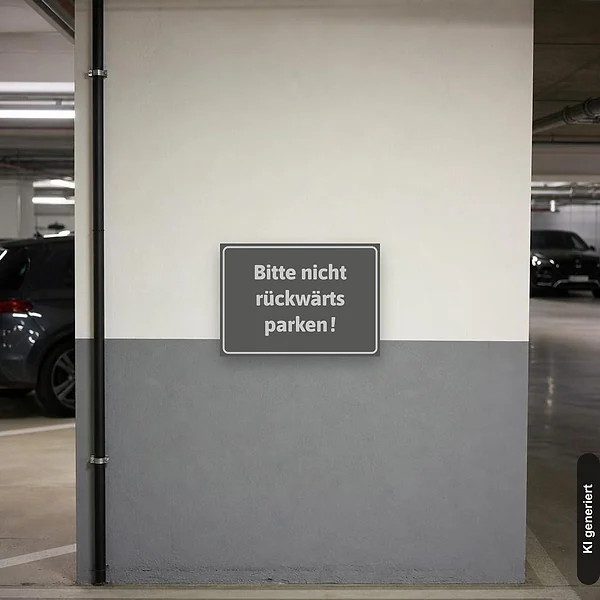 KI-generiertes Anwendungsbeispiel für Schild Bitte nicht rückwärts parken edel: Schild klein und realistisch am passenden Einsatzort dargestellt.