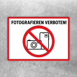Fotografieren verboten Aufkleber mit rotem Verbotssymbol, Kamera- und Smartphone-Motiv in Schwarz auf weißem Hintergrund.
