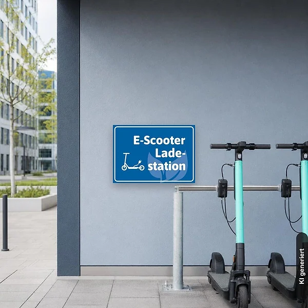 KI-generiertes Anwendungsbeispiel für Schild E-Scooter Ladestation Elektroroller E-Roller blau: Schild klein und realistisch am passenden Einsatzort dargestellt.