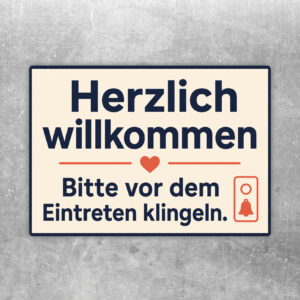 Willkommen Aufkleber mit Text „Bitte vor dem Eintreten klingeln“, Gartentor, Pflanzen und Klingel im Querformat.