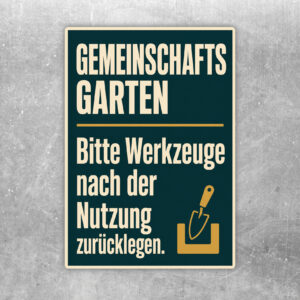 Gemeinschaftsgarten Aufkleber mit Werkzeugständer, Gartengeräten und Hinweis zum Zurücklegen nach Nutzung.