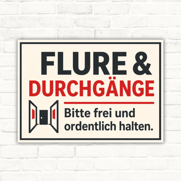 Hinweisschild Flure & Durchgänge bitte frei und ordentlich halten mit gut lesbarem Motiv und klarer Beschriftung als bedrucktes Schild aus Aluminium-Verbundplatte.