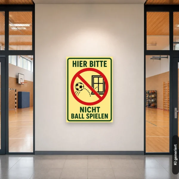 KI-generiertes Anwendungsbeispiel: Hier bitte nicht ball spielen Schild in Hochformat mit Fußball, Fenster und rotem Verbotskreis für Hof oder Garten.
