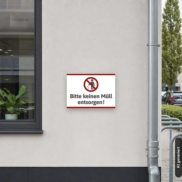 KI-generiertes Anwendungsbeispiel für Schild Bitte keinen Müll entsorgen: Schild klein und realistisch am passenden Einsatzort dargestellt.