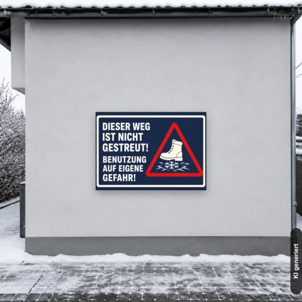 KI-generiertes Anwendungsbeispiel: Warnschild „Dieser Weg ist nicht gestreut! Benutzung auf eigene Gefahr!“ als querformatiges Schild für den Hauseingang.