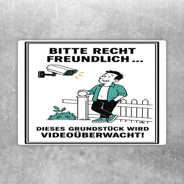 Aufkleber mit freundlichem Hinweis auf videoüberwachtes Grundstück, Kamera-Illustration und klarer Hochformat-Botschaft.