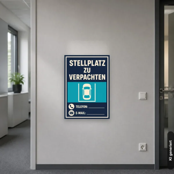 KI-generiertes Anwendungsbeispiel: Stellplatz zu verpachten Schild mit Parkplatzsymbol, Telefon- und E-Mail-Feldern im Hochformat am Grundstückseingang.