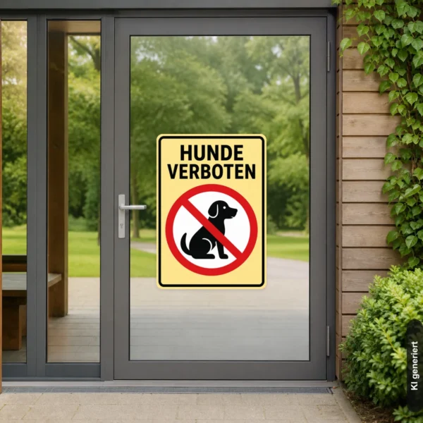 KI-generiertes Anwendungsbeispiel: Hunde verboten Aufkleber an einer Eingangstür mit gelbem Warnhintergrund und rotem Verbotszeichen.
