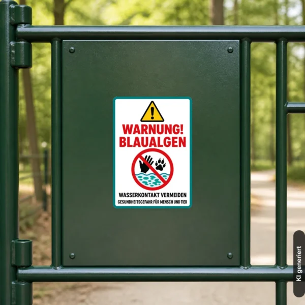 KI-generiertes Anwendungsbeispiel: Warnung Blaualgen Aufkleber an einem Zugang zum See, gut sichtbar auf glatter Fläche angebracht.