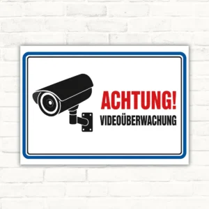 Achtung Videoüberwachung Schild mit Kamerasymbol und rotem Hinweistext im Querformat für den Einsatz an Eingängen.