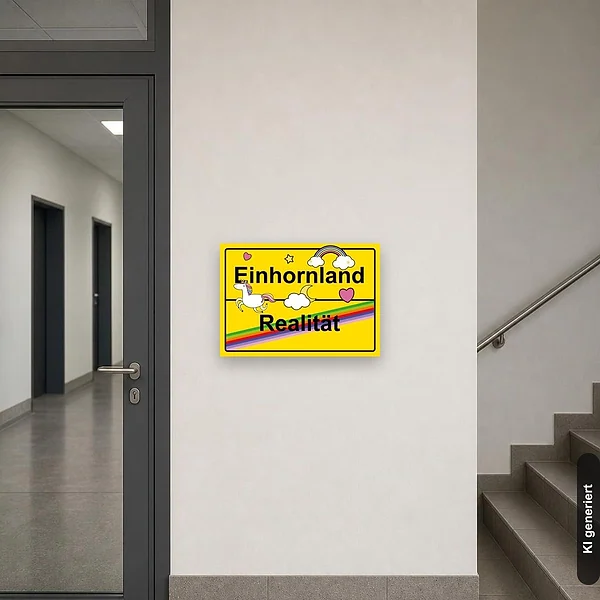 KI-generiertes Anwendungsbeispiel für Schild Einhornland Einhornfan Einhörner: Schild klein und realistisch am passenden Einsatzort dargestellt.