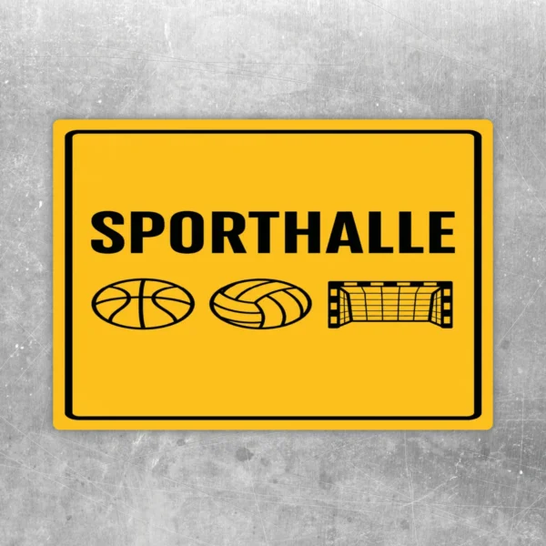 Gelber Sporthalle Aufkleber mit schwarzen Ball- und Tor-Symbolen, hochformatig und gut sichtbar.
