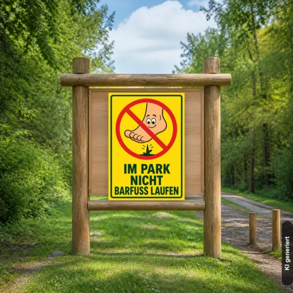 KI-generiertes Anwendungsbeispiel: Das Schild „Im Park nicht barfuß laufen“ an einem Parkweg zur klaren Besucherlenkung.