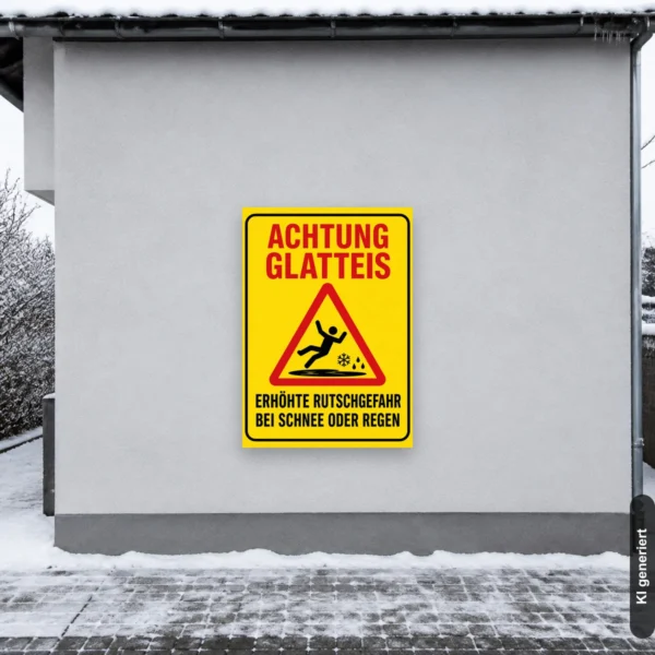 KI-generiertes Anwendungsbeispiel: Achtung Glatteis Warnschild – erhöhte Rutschgefahr am passenden Einsatzort mit gut sichtbarem Motiv und klarer Beschriftung.