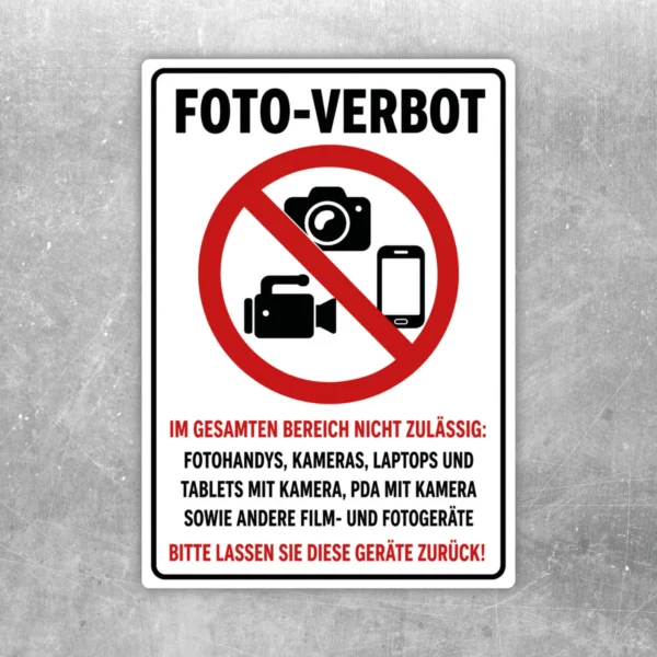 Foto-Verbot Aufkleber mit rotem Verbotszeichen über Kamera, Smartphone und weiteren Geräten auf weißem Grund.