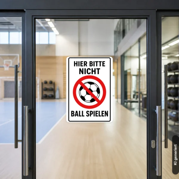 KI-generiertes Anwendungsbeispiel: Aufkleber mit rotem Verbotssymbol und schwarzem Text „Hier bitte nicht Ball spielen“ auf weißem Hintergrund.