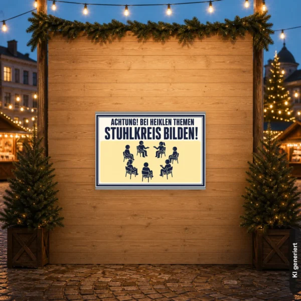 KI-generiertes Anwendungsbeispiel: Bedrucktes Schild „Achtung! Bei heiklen Themen Stuhlkreis bilden!“ für Besprechungsraum oder Pausenbereich.