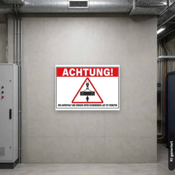 KI-generiertes Anwendungsbeispiel: Verbotsschild mit dem Text „Der Aufenthalt und Verkehr unter schwebender Last ist verboten“ für Kran- und Baustellenbereiche.
