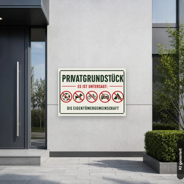 KI-generiertes Anwendungsbeispiel: Privatgrundstück Verbotsschild im Querformat mit Verbotspiktogrammen für Zaun oder Einfahrt.