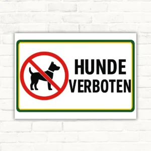 Hundeverbotsschild mit rotem Verbotssymbol, schwarzem Hund und Text „HUNDE VERBOTEN“ als Querformat-Schild.