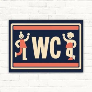 WC Schild im Querformat mit Damen- und Herren-Symbolen, großem WC und korallroten Akzenten als Toilettenschild.