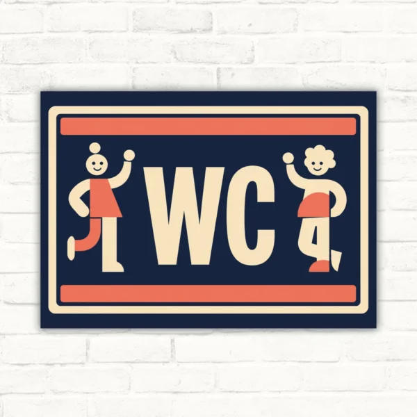 WC Schild im Querformat mit Damen- und Herren-Symbolen, großem WC und korallroten Akzenten als Toilettenschild.