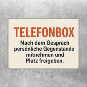 Telefonbox Aufkleber im Retro-Design mit Hinweis, persönliche Gegenstände mitzunehmen und den Platz freizugeben.
