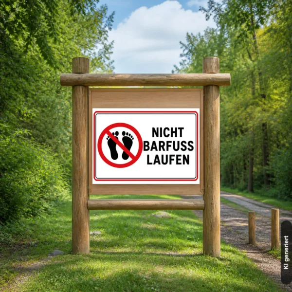 KI-generiertes Anwendungsbeispiel: Nicht barfuß laufen Schild mit durchgestrichenen Fußabdrücken und Text als querformatiges Hinweisschild für Eingänge.