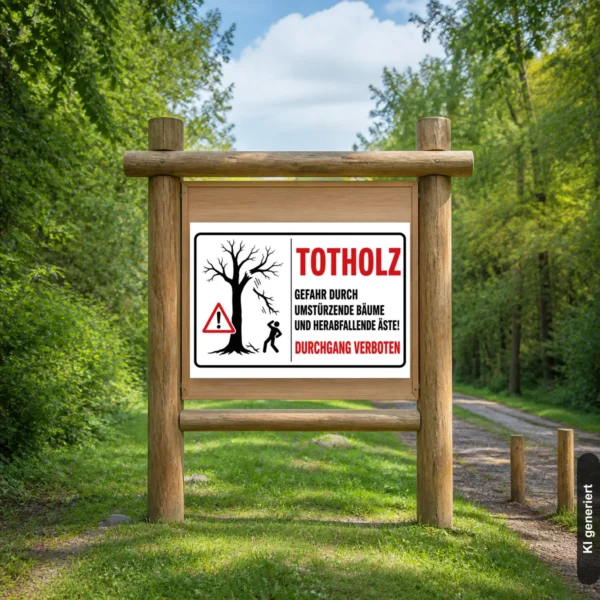 KI-generiertes Anwendungsbeispiel: Totholz-Warnschild mit Baum-Motiv und dem Hinweis „Gefahr durch umstürzende Bäume und herabfallende Äste, Durchgang verboten“.