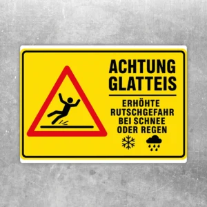 Gelber Achtung Glatteis Aufkleber mit rotem Warndreieck und Hinweis auf erhöhte Rutschgefahr bei Schnee oder Regen.