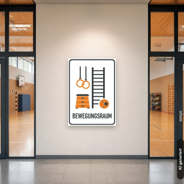 KI-generiertes Anwendungsbeispiel: Bewegungsraum-Schild an einer Turnraumtür mit klaren Sportsymbolen und gut lesbarem Schriftzug.