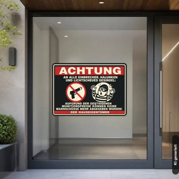 KI-generiertes Anwendungsbeispiel: Achtung Einbrecher Humor Aufkleber an einer Haustür mit rotem Warnkopf und frecher Dieb-Illustration.