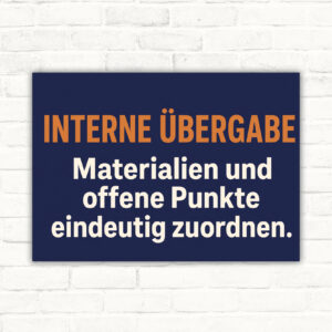 Interne Übergabe Schild – Materialien und offene Punkte eindeutig zuordnen mit gut lesbarem Motiv und klarer Beschriftung als bedrucktes Schild aus Aluminium-Verbundplatte.