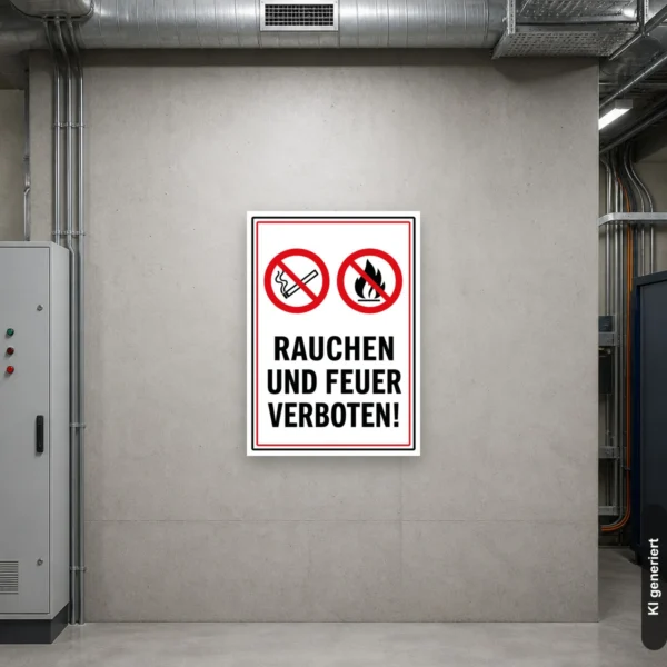 KI-generiertes Anwendungsbeispiel: Rauchen und Feuer verboten Schild an einem Halleneingang zur klaren Kennzeichnung des Verbots.