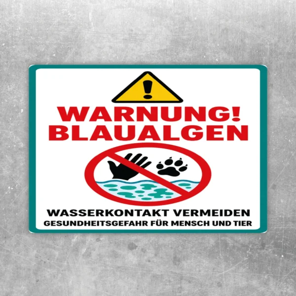 Warnung Blaualgen Aufkleber mit rotem Verbotssymbol, Warntext und Wasserpiktogramm für klare Hinweise am Gewässer.
