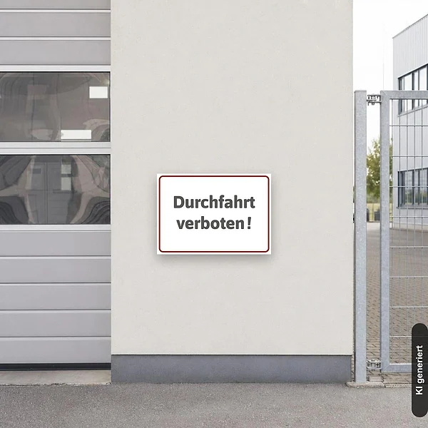 KI-generiertes Anwendungsbeispiel für Schild Durchfahrt verboten Hinweis Verbotsschild: Schild klein und realistisch am passenden Einsatzort dargestellt.