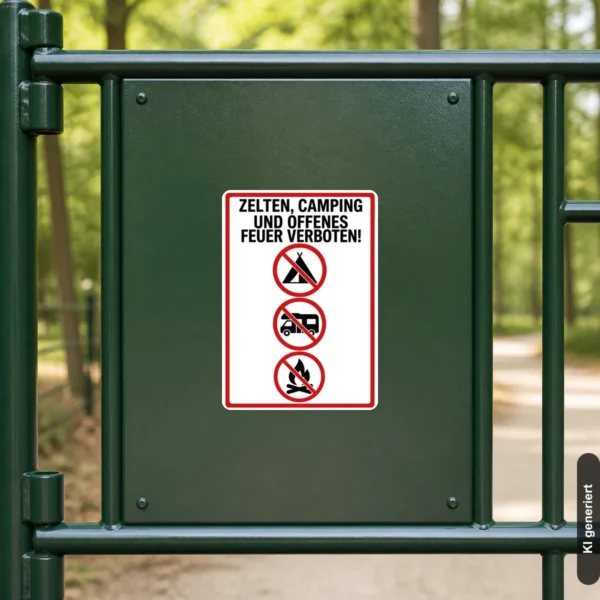 KI-generiertes Anwendungsbeispiel: Aufkleber für das Verbot von Zelten, Camping und offenem Feuer an einer Zufahrt.