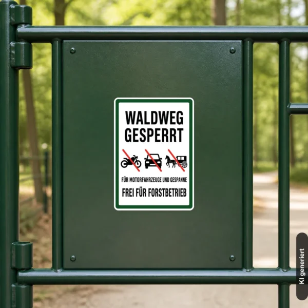 KI-generiertes Anwendungsbeispiel: Waldweg gesperrt Aufkleber im Hochformat mit grünem Rahmen und deutlicher Forstbotschaft.