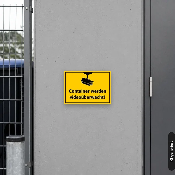 KI-generiertes Anwendungsbeispiel für Schild Container wird videoüberwacht Videoüberwachung: Schild klein und realistisch am passenden Einsatzort dargestellt.