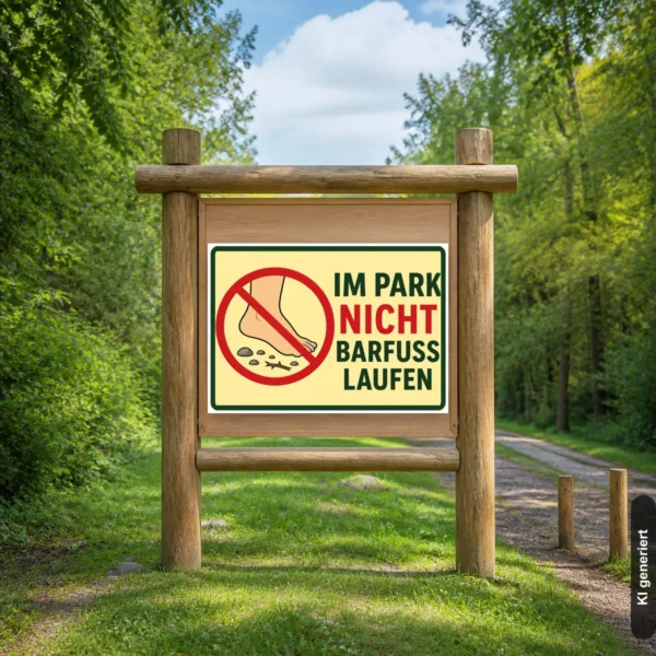 KI-generiertes Anwendungsbeispiel: Querformat-Schild mit Fußverbot im Park und dem Text „IM PARK NICHT BARFUSS LAUFEN“.