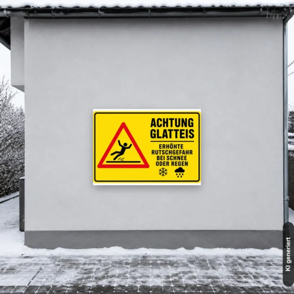 KI-generiertes Anwendungsbeispiel: Achtung Glatteis Warnschild an einem nassen Firmenweg, das vor erhöhter Rutschgefahr bei Schnee oder Regen warnt.