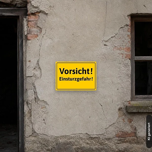 KI-generiertes Anwendungsbeispiel für Schild Vorsicht Einsturzgefahr!: Schild klein und realistisch am passenden Einsatzort dargestellt.