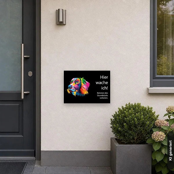 KI-generiertes Anwendungsbeispiel für Schild Spaniel - Hier wache ich: Schild klein und realistisch am passenden Einsatzort dargestellt.