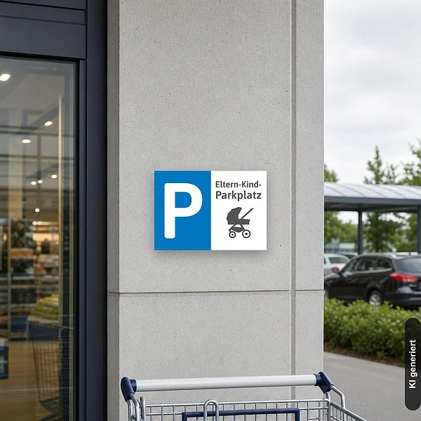 KI-generiertes Anwendungsbeispiel für Schild Eltern-Kind-Parkplatz: Schild klein und realistisch am passenden Einsatzort dargestellt.