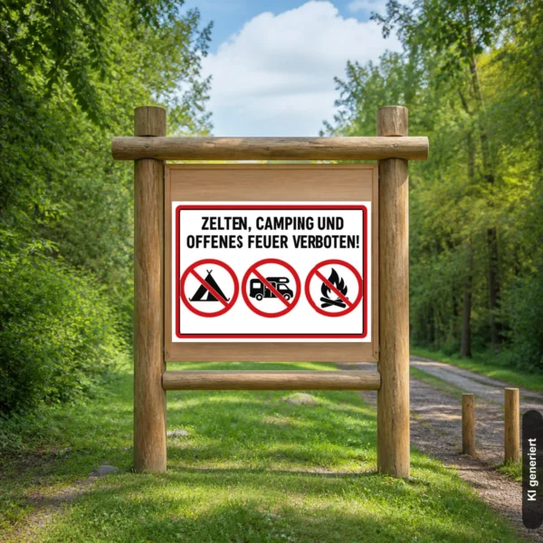 KI-generiertes Anwendungsbeispiel: Offenes Feuer verboten Schild im Querformat an einem Campingplatz-Eingang mit klaren Verbotssymbolen.