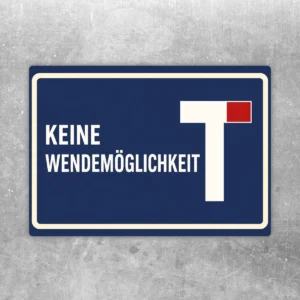 Blau-weiß-roter Parkplatz Aufkleber mit dem Hinweis Keine Wendemöglichkeit im Querformat für Zufahrten und Stellplätze.